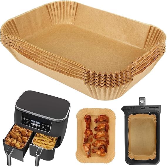 100 Pieces Air Fryer Liners 22 Cm x 14 Cm Rectangle Disposable Parchment Paper Compatible with 2 Door Air Fryer Hydrophobic Oleophobic Baking Sheets Heat Resistant Cooking Accessories