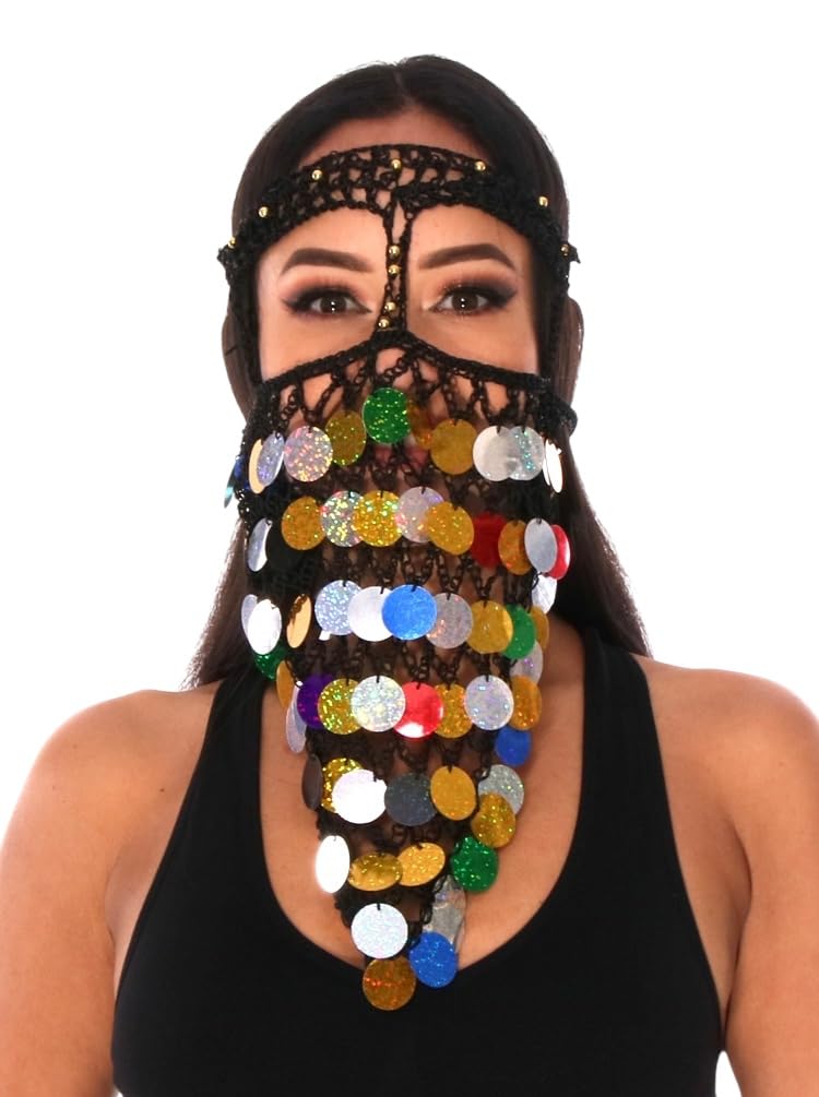 Belly Dance Egyptian Costume elegant Headwear Coins Face Mask Triangle Crochet Face with Coins