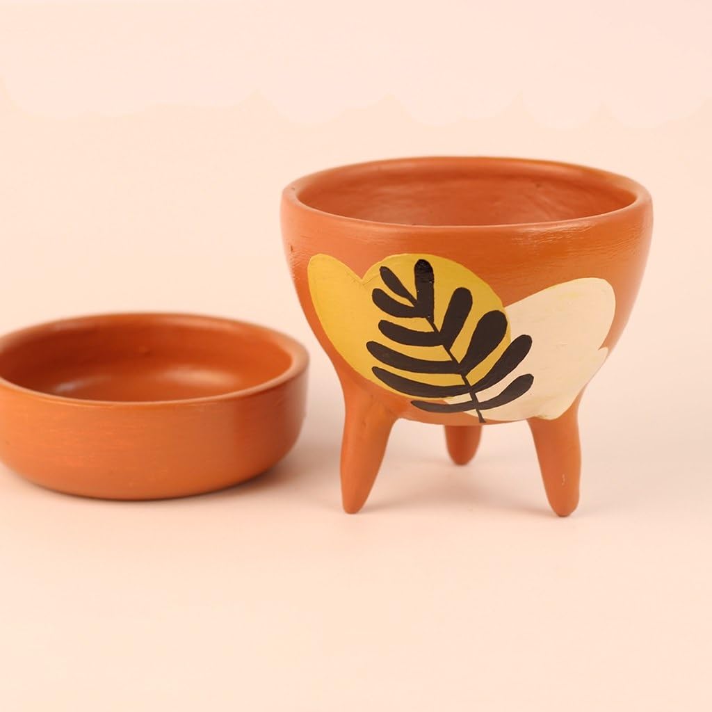 Terracotta Plant Pot with Leaf Design, 3-Legged Bowl with Saucer, Orange Ceramic Planter Set