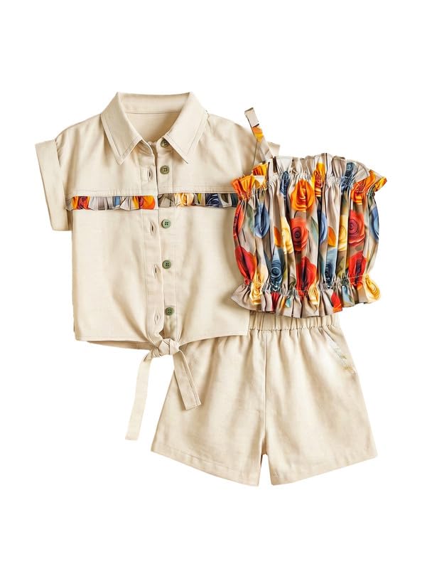 My Baby Girls 3-Piece Ruffle Floral Top Set with Tie Shirt & Pocket Shorts