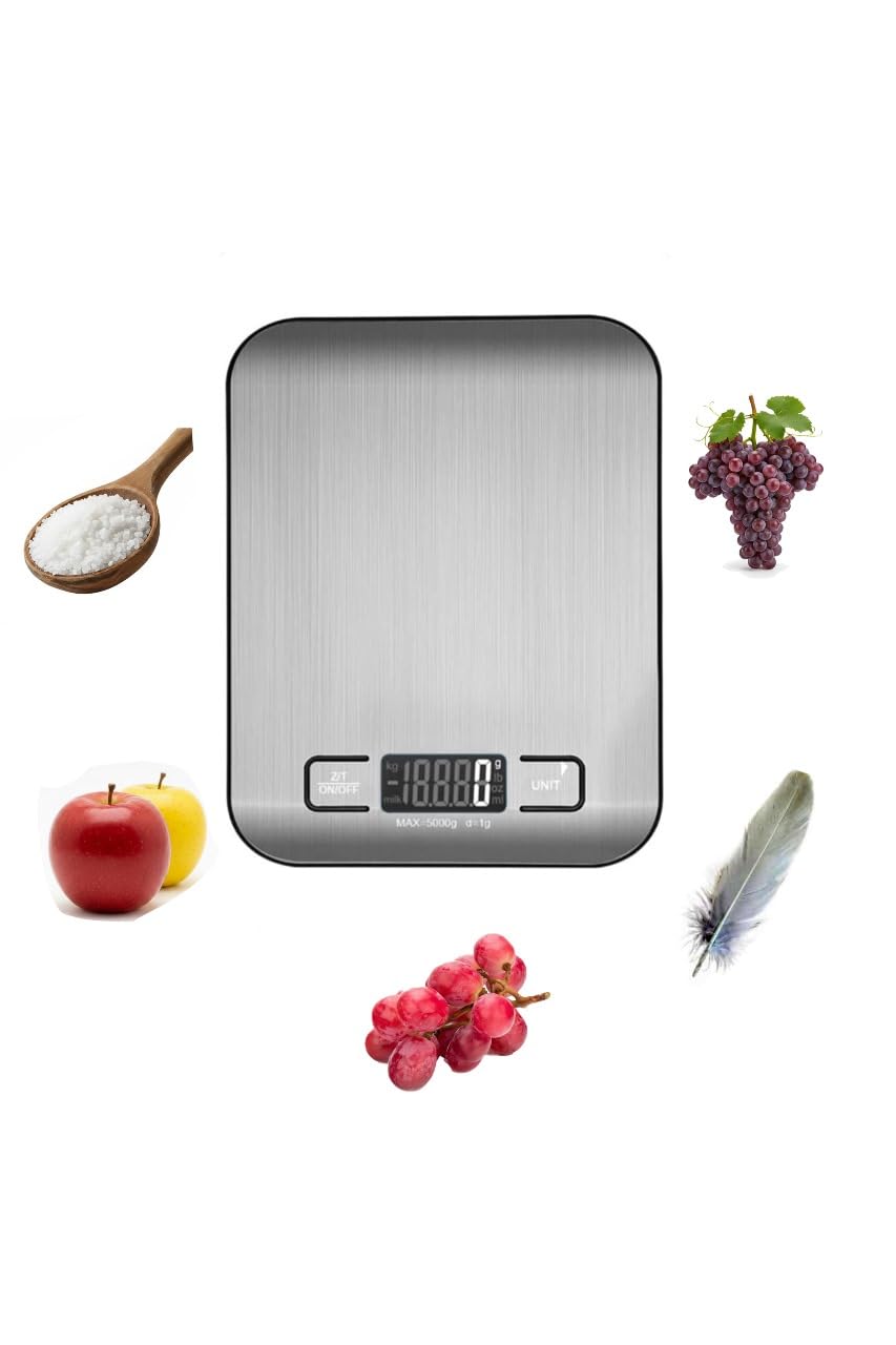 Digital Kitchen Scale with LCD Display, High Accuracy Food Scale 5kg/11lb, Stainless Steel Cooking Baking Scale with g oz lb ml Units