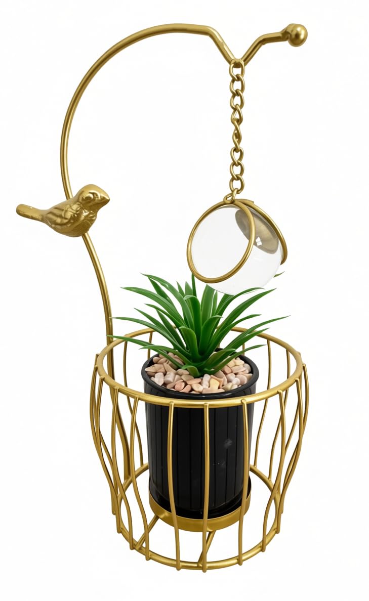 Artificial Plant in Golden Pot with Metal Frame Bird Cage – Hanging Glass Ball with Chain – Elegant Modern Table Decor for Home Office