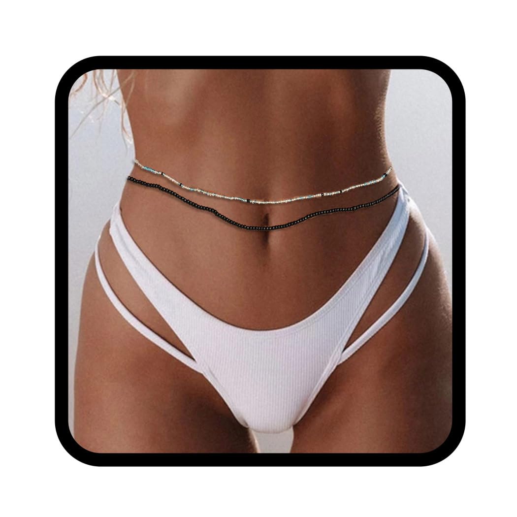 Beads Belly Waist Chains Beach Layered Body Chain Beaded Elastic Waist Jewelry Rave Fashion Body Accessory for Women and Girls (Pack of 2),