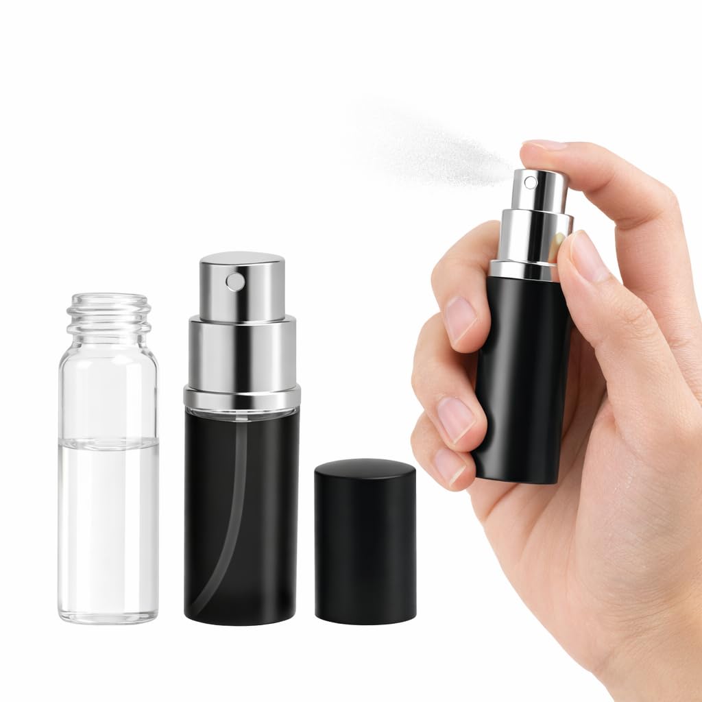 Refillable Perfume Spray Bottle Aluminum Atomizer Travel Size 10 Ml Leak Proof Pocket Container For Fragrance Cologne Cosmetic Use, Portable Design (Black)