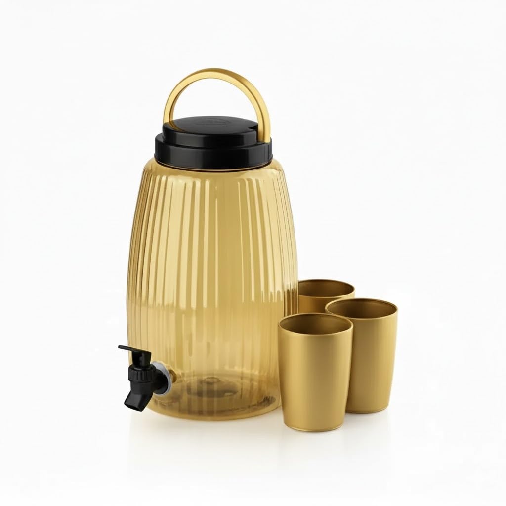 Max Color High Quality Plastic Water and Juice Dispenser with 3 Cups, Gold, 4700 ml, 16.5 x 16.5 x 28 cm