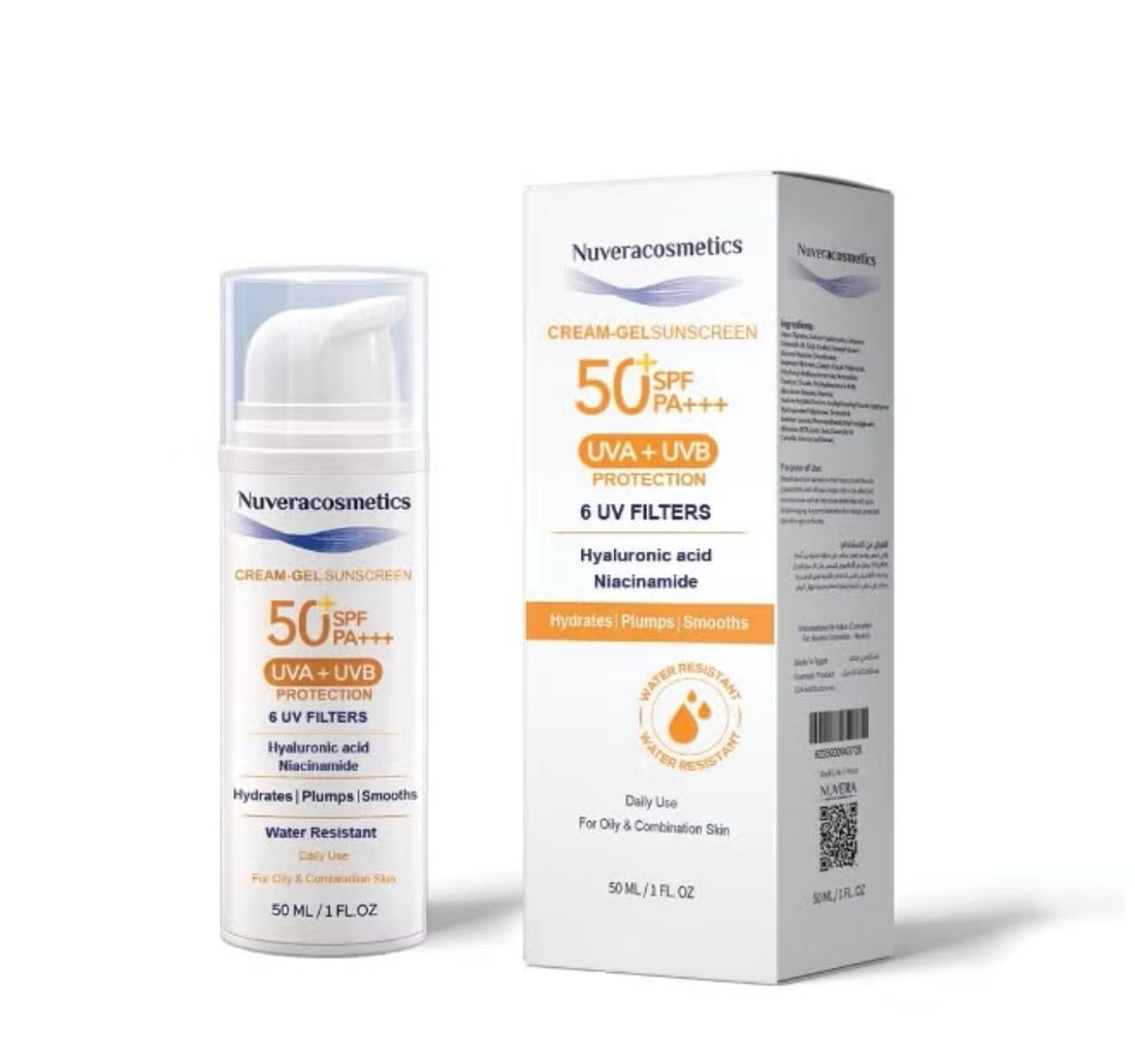 Nuveracosmetics Cream-Gel Sunscreen SPF 50+ PA+++, UVA + UVB Protection, Hyaluronic Acid, Niacinamide, Water Resistant, 50ml