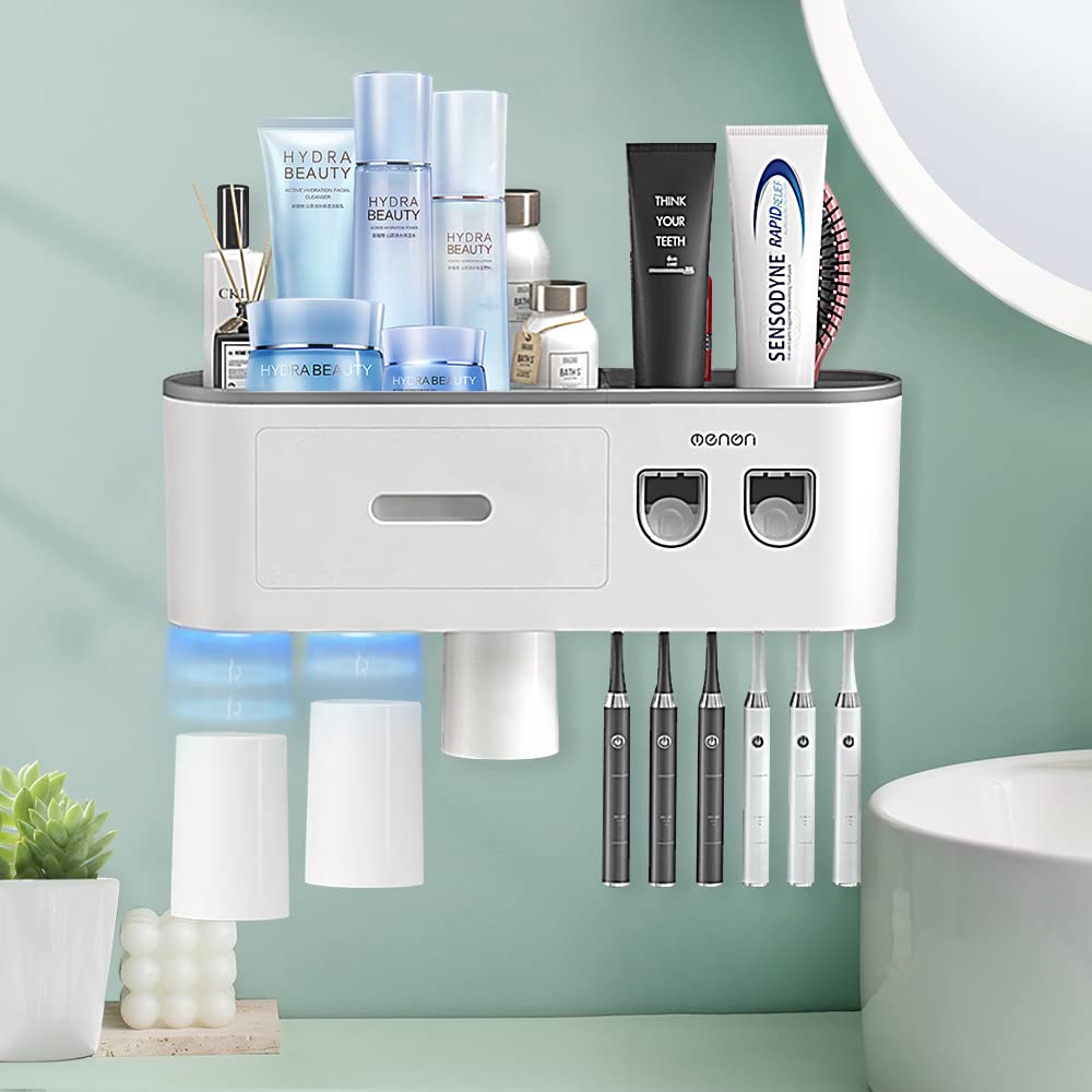 Double Automatic Toothpaste Dispenser, Electric Toothbrush Holder Wall Mounted with 2 Toothpaste Squeezer, 3 Magnetic Cups, Storage Drawer and 6 Toothbrush Organizer Slots (Grey, 3 Cups)