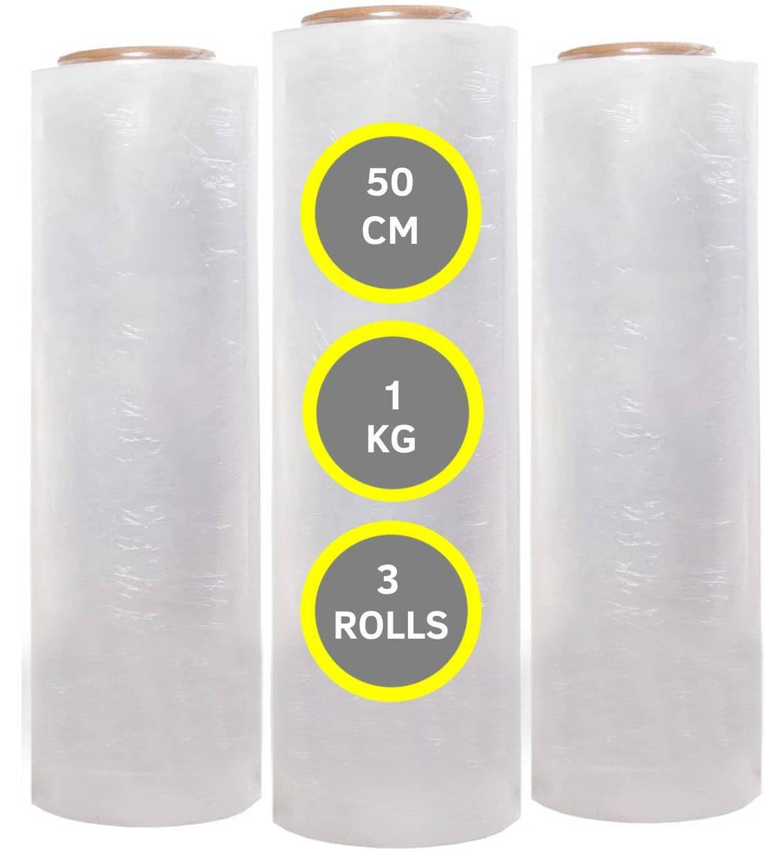 ECVV 3 Roll Clear Stretch Film Wrap - 500mm Heavy Duty Plastic Shrink Wrap for Pallet Wrap, Packing, Moving and Packaging - Cling Wrap, 1 kg 300g core