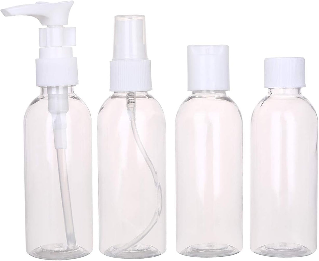 Clear Plastic Empty Bottle Travel Size Set - 4 Piece- Travel Size Bottle Kit Reusable BPA-Free Refillable Leak-Proof Dispensers Sprayers Lotion Shampoo Soap Liquids Makeup Skincare Toiletries