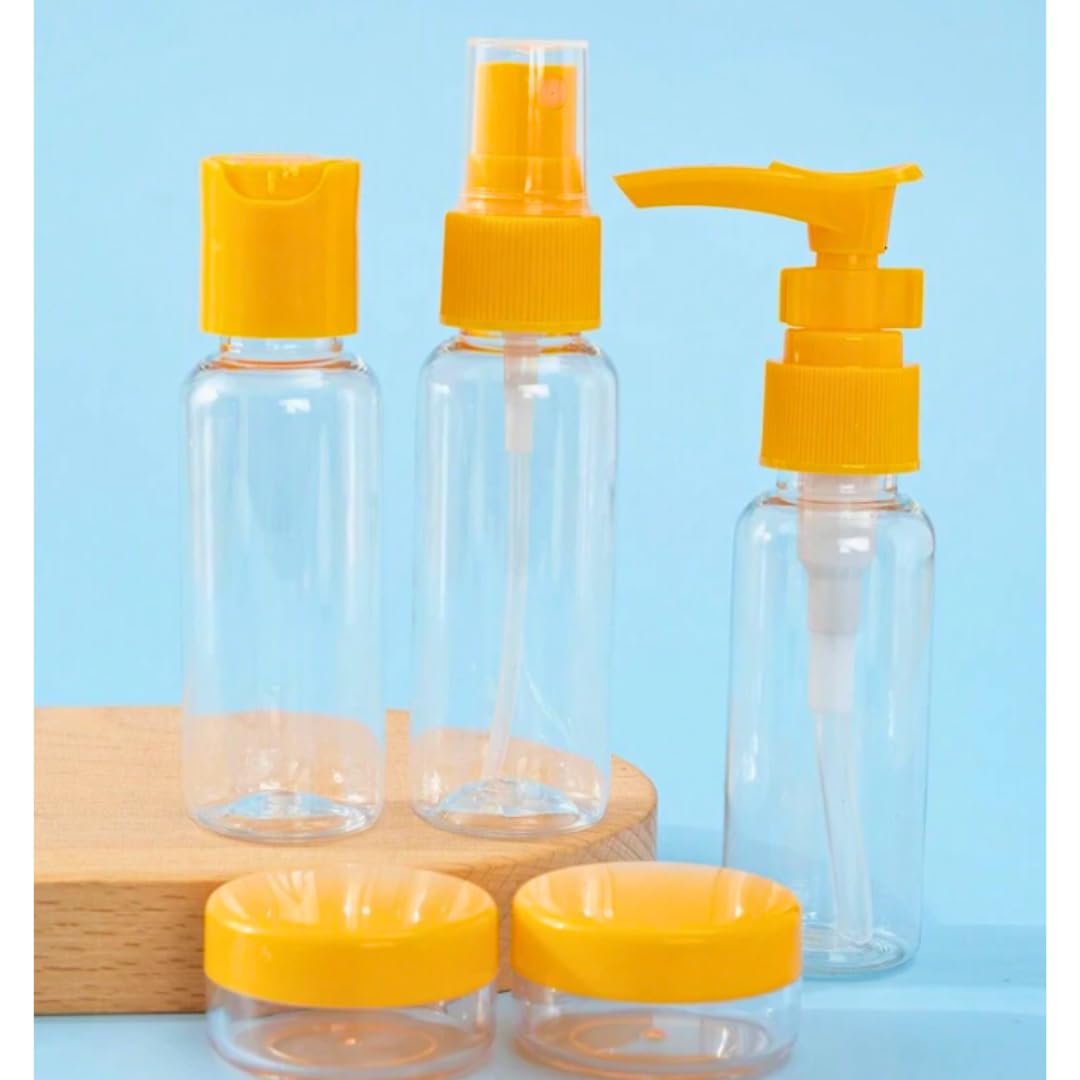 Premium Yellow 6-Piece Travel Essential Refillable Spray and Press Dispenser Bottle Set for Lotion, Cream, and Perfumes (Orange)