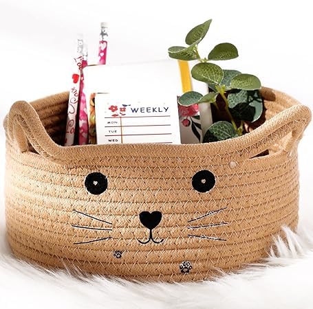 Generic Woven Cotton Khaki Storage Basket with Decorative Ears for Pet Toys, Gift Basket for Cats and Dogs, Toy Box for Nursery (8.3 x 4.7 Inch)