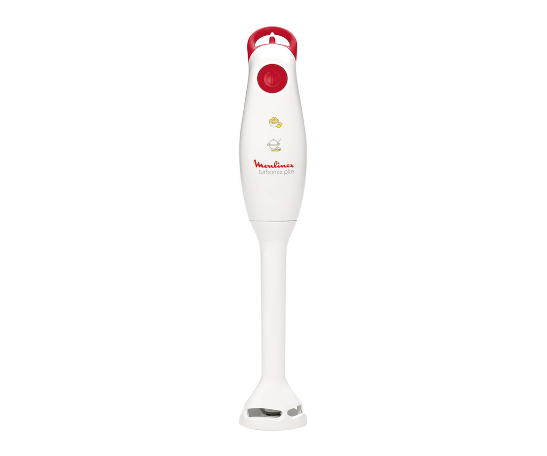 Moulinex DD1001EG Turbomix Plus, Hand Blender, 350 Watts, 800 Milliliters Plastic Beaker, 2 Blades, Hang-Up Ring, White and Red