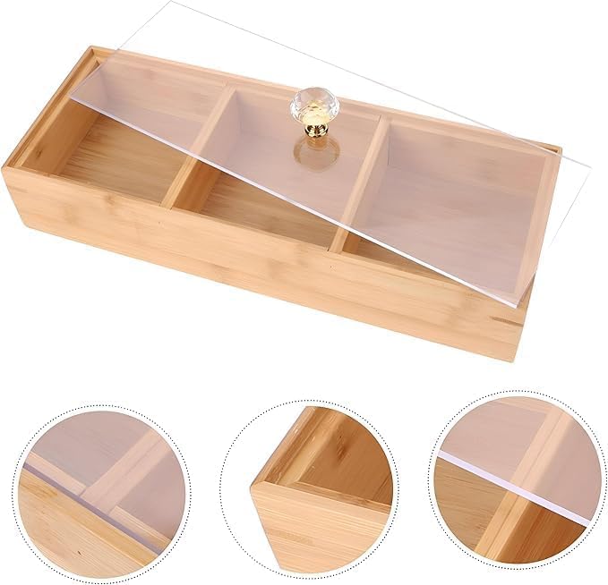 Luxury snack serving box - bamboo and acrylic lid with crystal handle. Serves light snacks and meals, traditional teas and herbs. 35 x 12 cm.