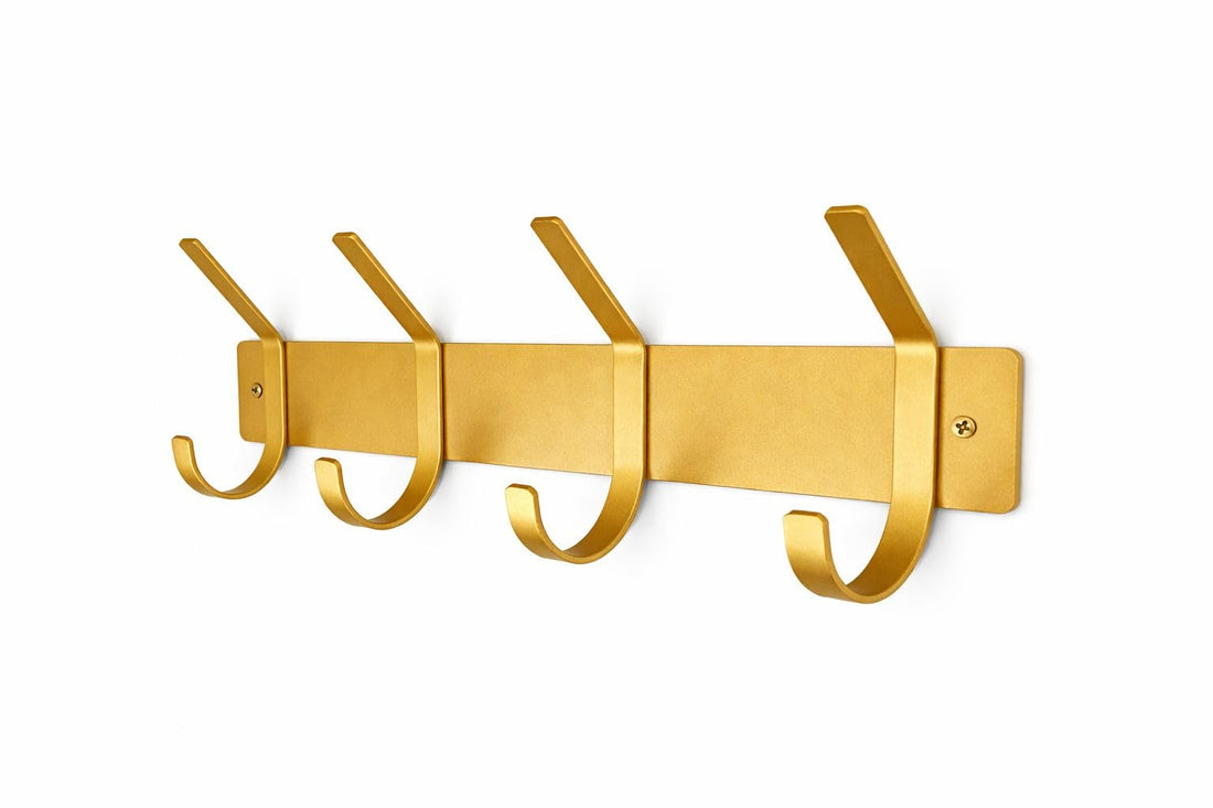 Modern Gold Wall Hook Rack – 35cm Metal Hanger – 4 Hooks – Strong & Durable – Perfect for Small Spaces