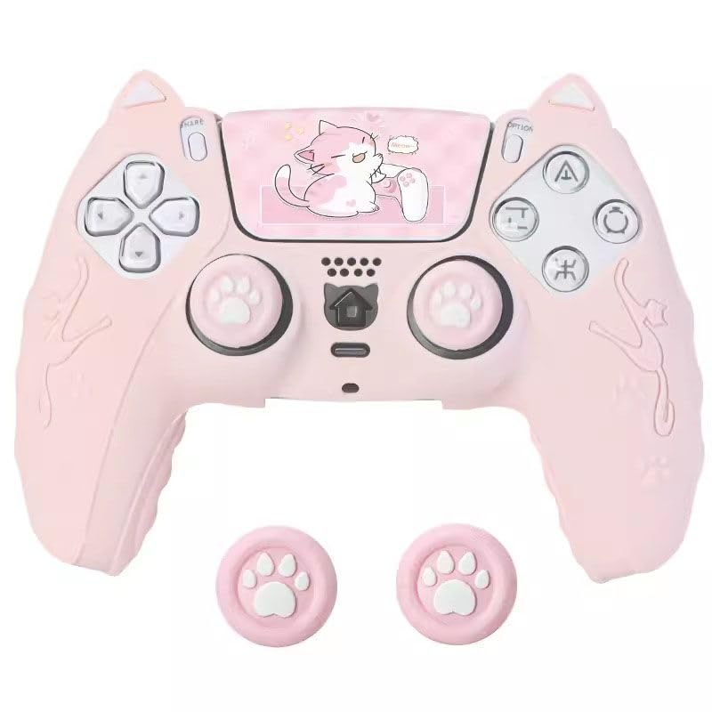 Soft Flat Anti-Slip Studded Silicone Gel Grip Cover for PlayStation 5 Dualsense, Rubber Protector Plus 2 Raised Thumb Grip Caps. (pink)