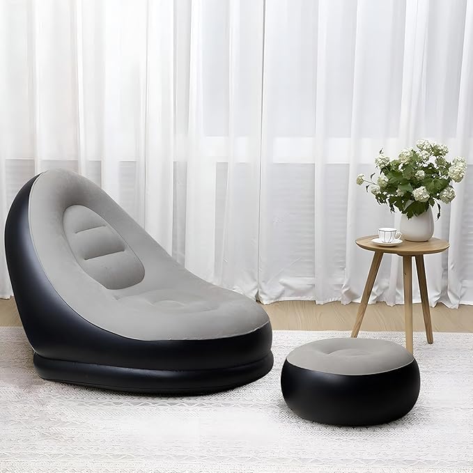 Volura Inflatable Lounge Chair with Footrest Ottoman, Grey and Black, Head, Back, Lumbar and Hip Support