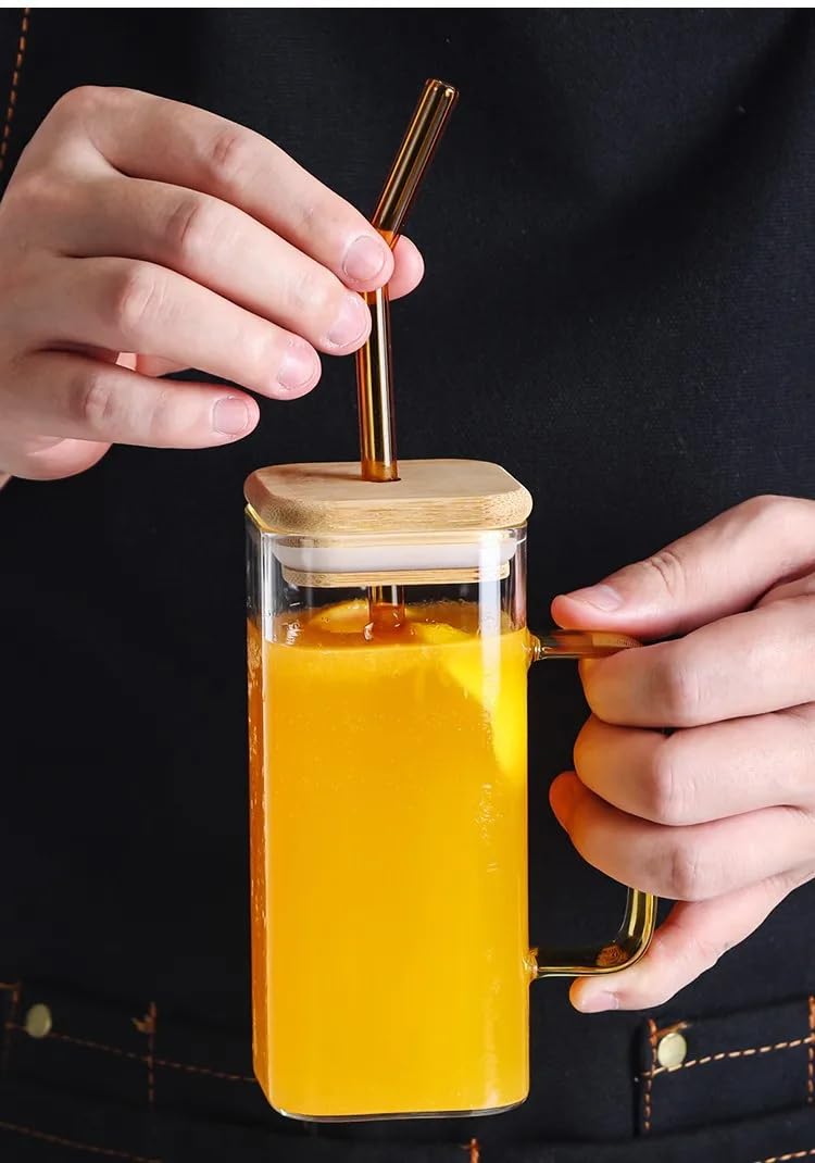 Clear Glass Mug with Wooden Lid and Colorful Glass Straw and Handle and Bamboo Lid