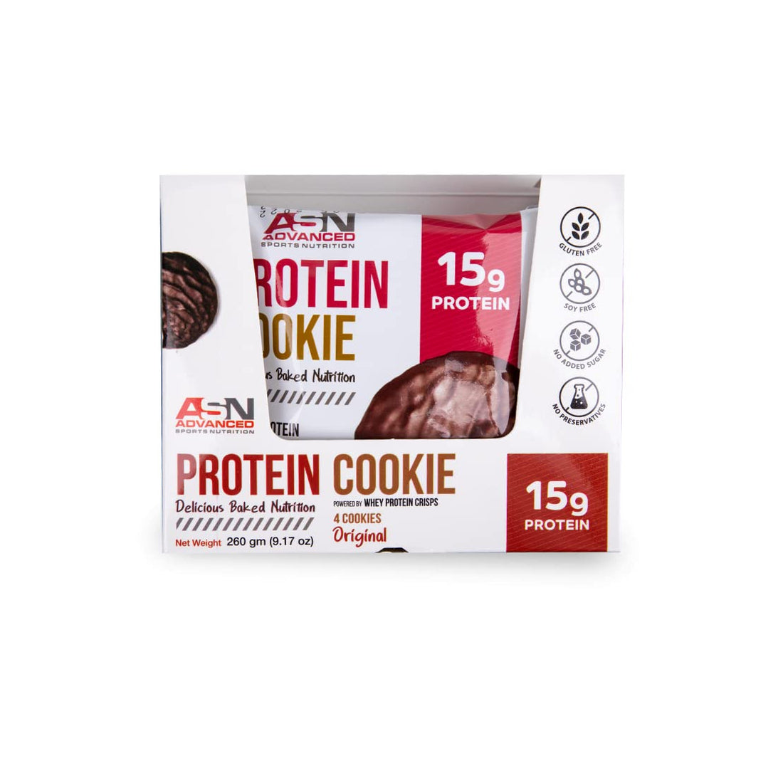 Advanced sports nutrition (asn) | advanced protein cookies | original | 4 cookies | 15g protein | dark chocolate dipped | healthy treat | no added sugar | gluten-free | soy-free | no preservatives