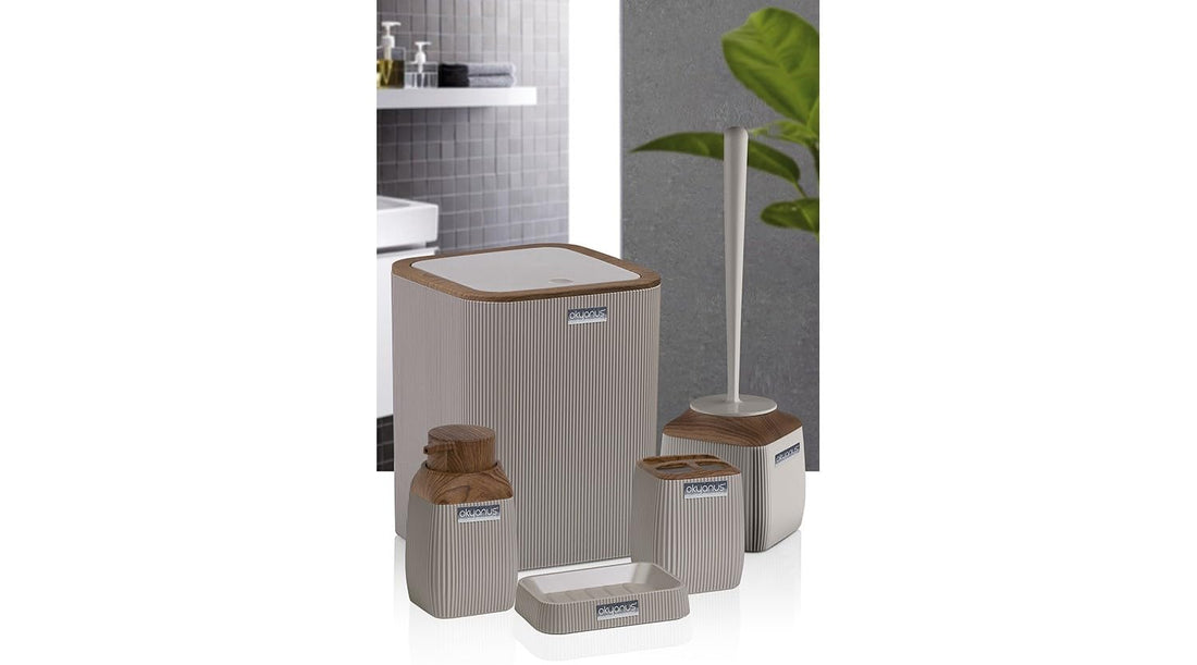 Okyanus 5-Piece Bathroom Set Ribbed Square (Wood) Brown, OKY-501-3-K-Multicolor