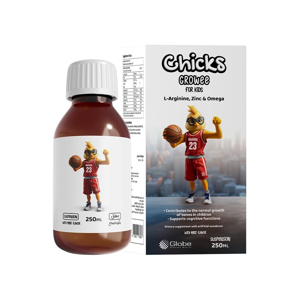 Chicks Growee Children's Dietary Supplement, Supports Linear Growth & Strong Bones, L-Arginine, Vitamin D3, Zinc & Calcium, Mint Flavor, 250ml.