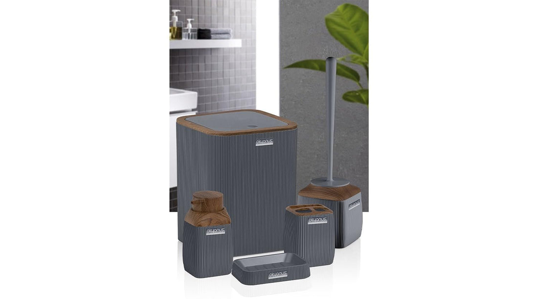 Okyanus 5-Piece Bathroom Set Ribbed Square (Wood) Grey, OKY-501-3-A-Multicolor