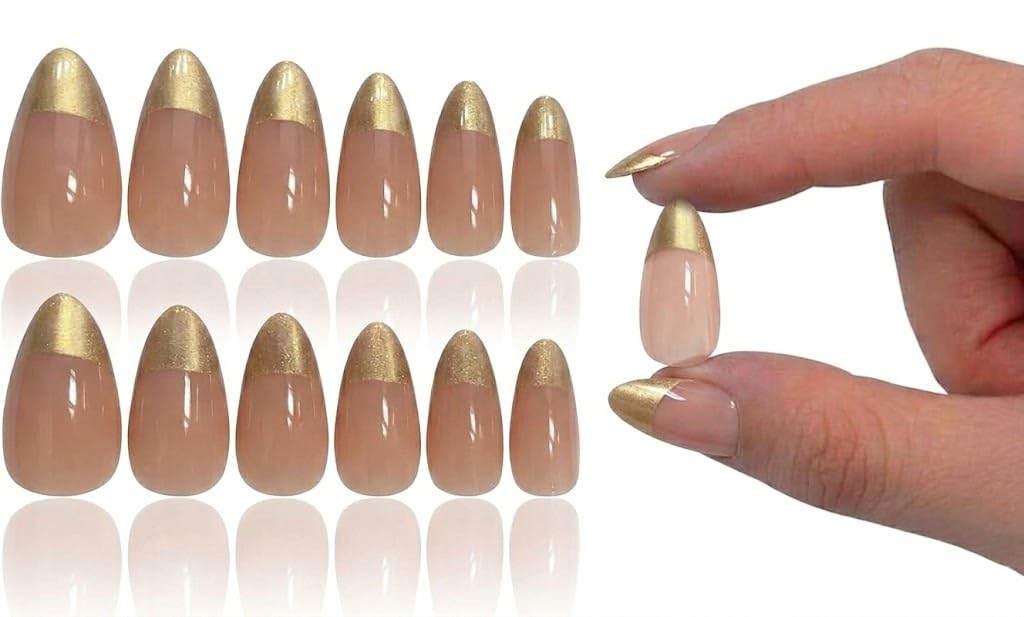 12pcs Gel Press On Nails Coffin OVAL Shiny False Nails Full Cover Artificial Fake Nail Art Tips- Comes With 1 SHEET DOUBLE FACE -GOLD FRENCH MIX COLOR (N2)