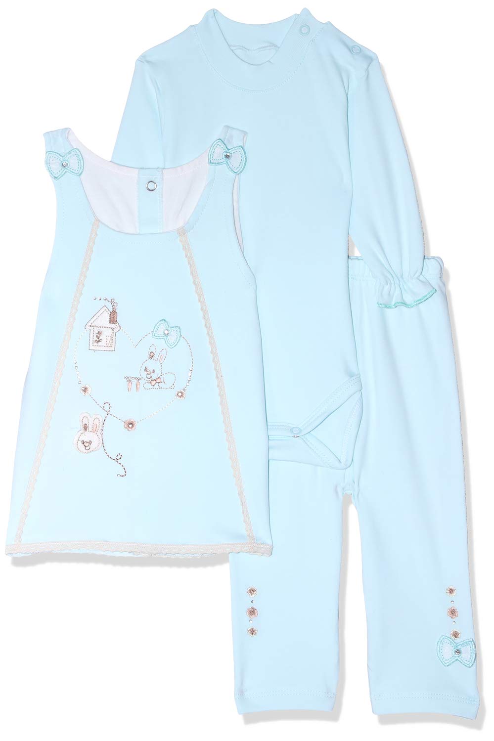 Cotton Sleeveless Top with Long Sleeves Bodysuit and Pants Clothing Set for Girls - Aqua, 3 Pieces, 0 - 6 Months