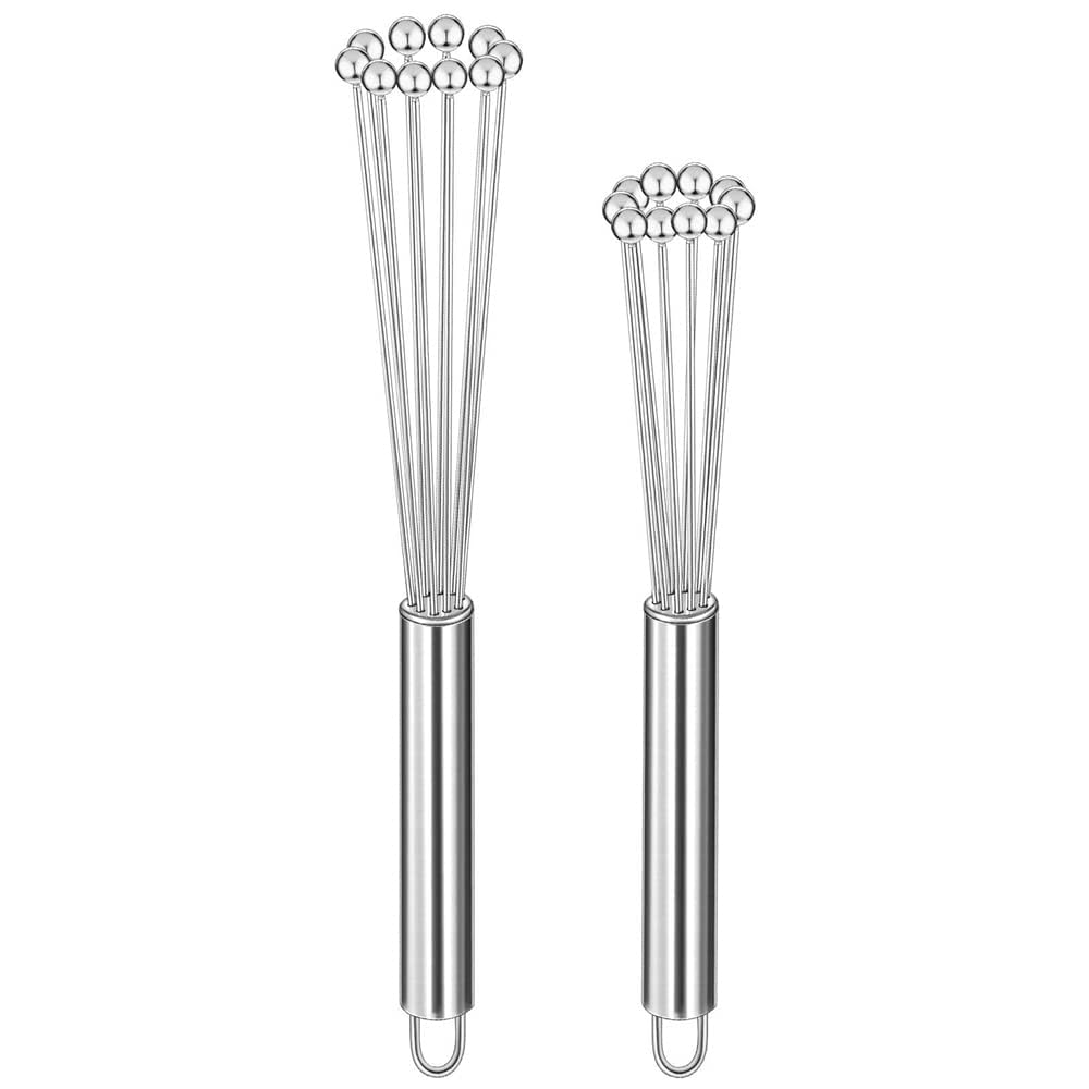 Bukela 2 Pieces Stainless Steel Ball Whisk Wire Egg Whisk Set Kitchen Whisks for Cooking Blending Whisking Beating Stirring (10 Inch and 12 Inch)