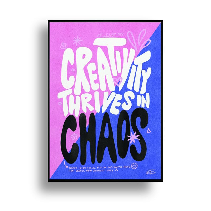 Creativity Thrives in Chaos Motivational Wall Art Print, Pink and Blue, 30 x 15 cm, Premium Glossy Finish
