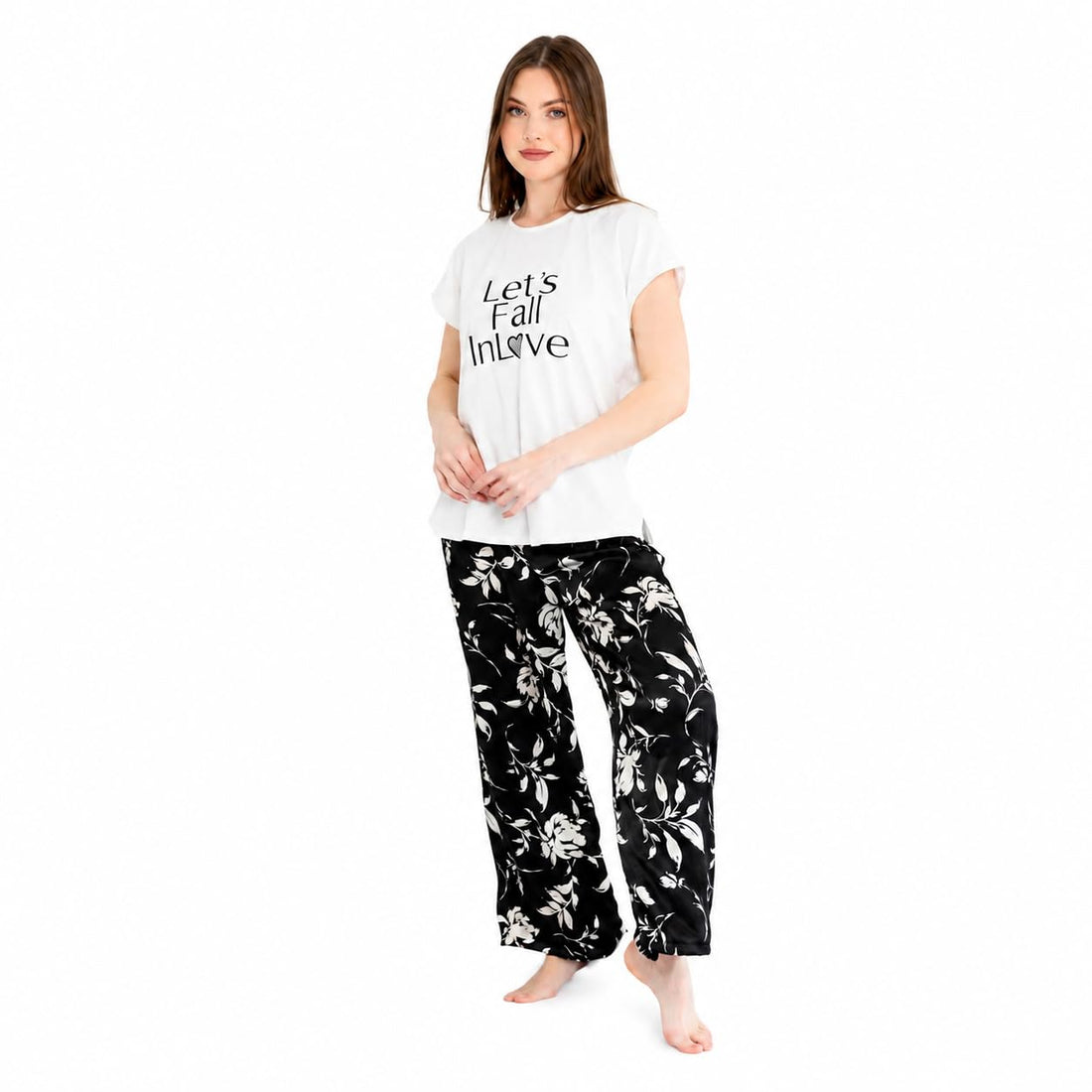 Narissa Let's Fall In Love Pajama Set 2 Pieces Cotton T-Shirt and Satin Viscose Wide Pants Elegant Floral Print Pajama Set