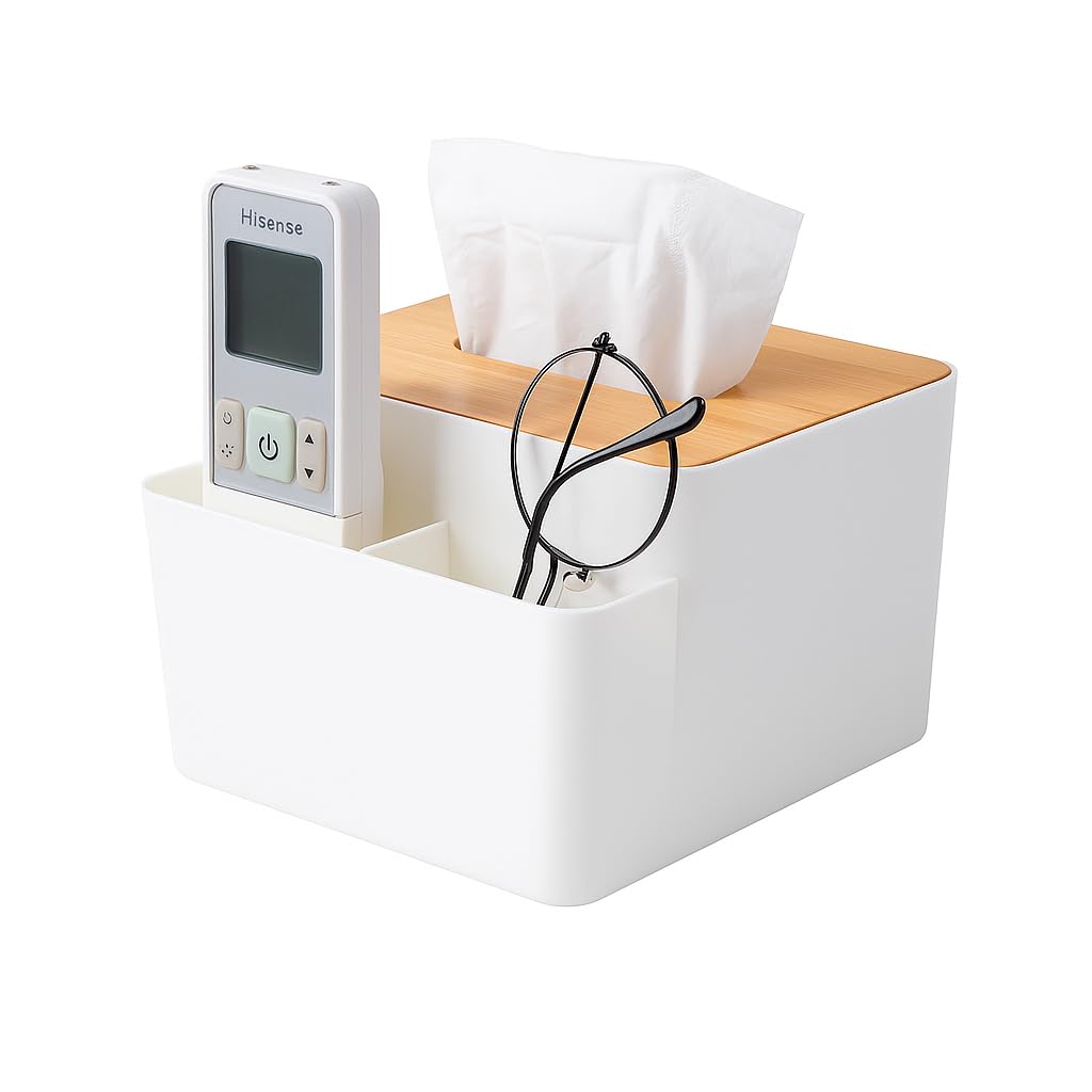 Tissue Box Holder with Storage, Elegant Natural Bamboo Lid Plastic Tissue Box, Multipurpose Table Tissue Dispenser, Suitable for Home, Office, Bedroom, Car
