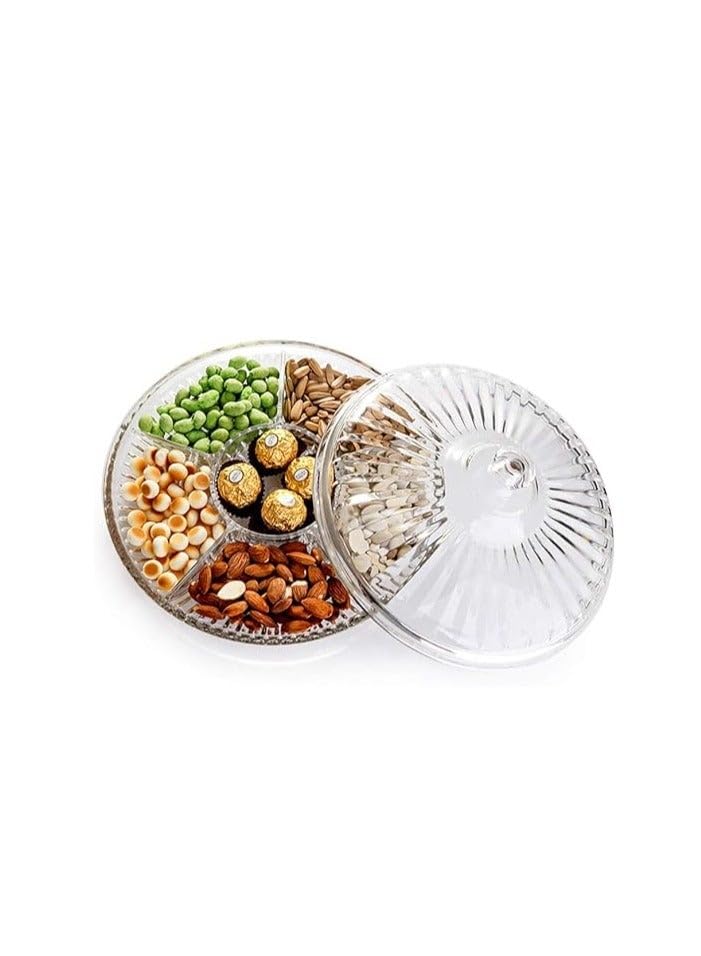 Innovative multi-purpose 6-compartment acrylic tray with lid for serving nuts, dried fruits, and appetizers at events 6 compartments (clear)