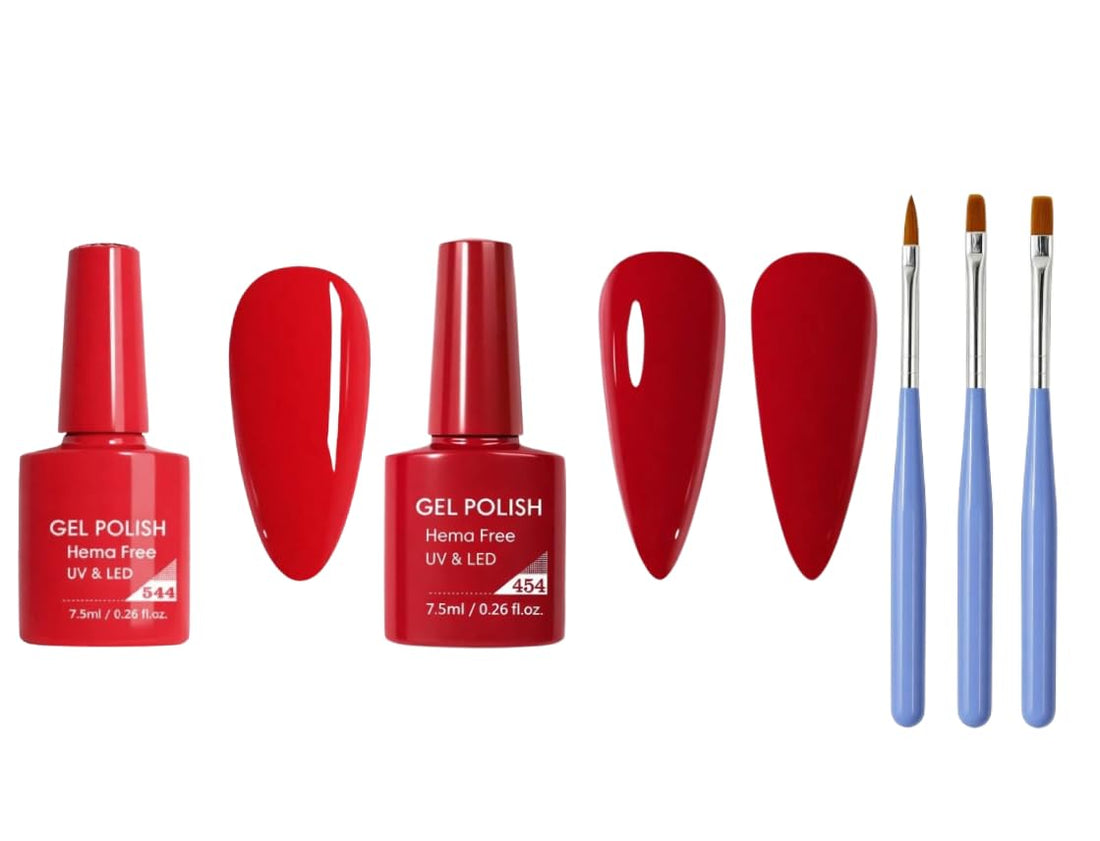 Cherry Red & Deep Red Burgundy Gel Nail Polish Set 7.5ml Each with 3-Piece Nail Brush Kit, Glossy UV LED Soak Off Nail Polish for Nail Art, Bold Classic Finish for Salon and Home Use (454,544)