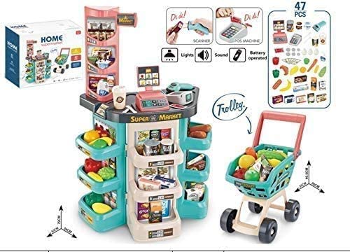 MEDca Kids Play Supermarket Set with Scanner - Pretend Play Grocery Shop Set - 47 Piece Complete Playset with Cash Register Credit Card Machine Scanner Shop Trolley and Food Gift for Boys and Girls