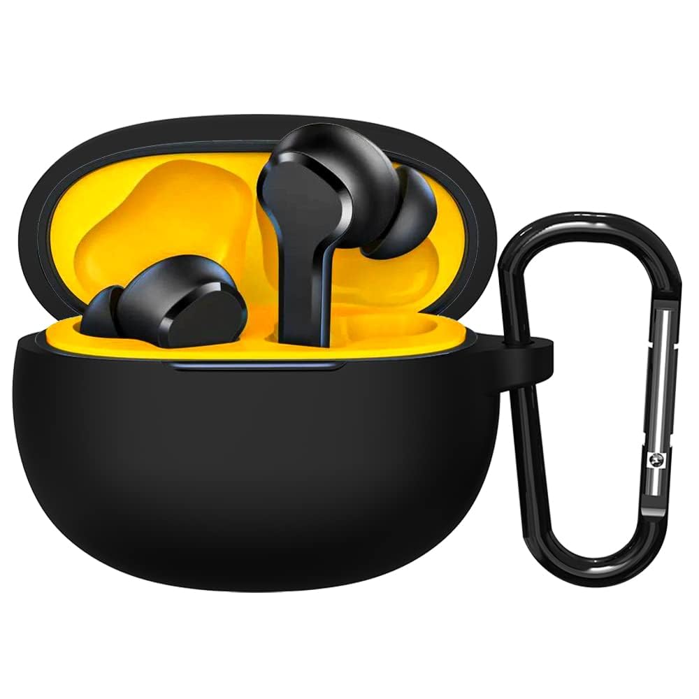 Dl3 Mobilak Silicone Case Compatible with Realme Buds T100 Earbuds, Soft Silicone Protective Case Cover, Shockproof Sleeve with Carabiner (Black)