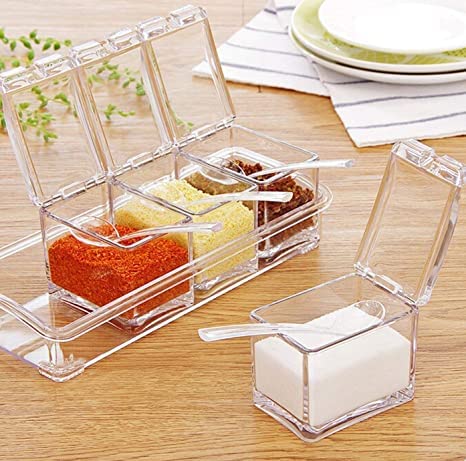Crystal Spice Rack Seasoning Acrylic Box Pepper Salt Spice Rack Plastic 4 Box with Spoons Kitchen See Through Storage Containers Cooking Tools