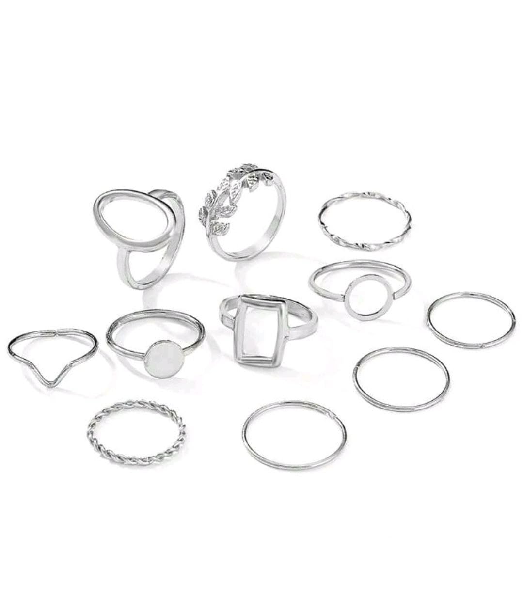 11pcs/Set Geometric Leaf Design Joint Rings Set For Women, Creative Fashion