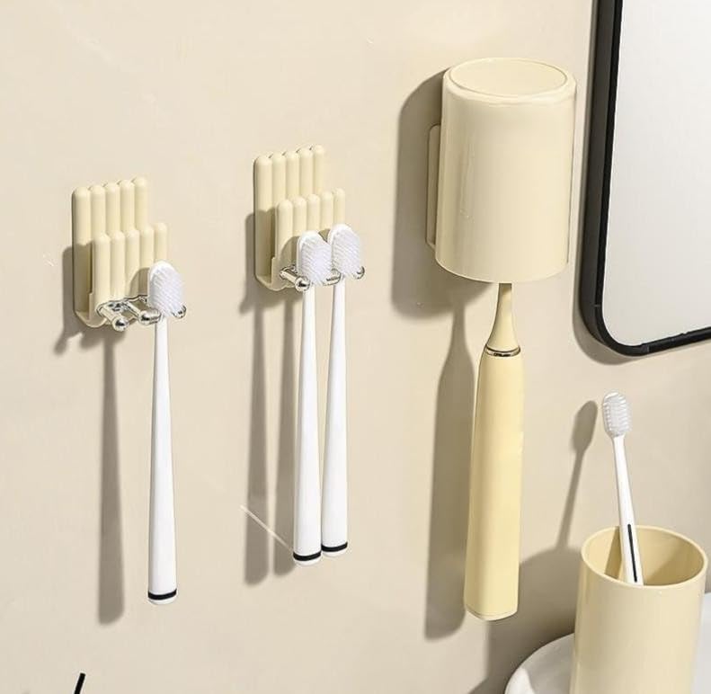 Wall-Mounted Toothbrush Holder with Cup, Acrylic Material, White, Adhesive Bathroom Organiser, .sa