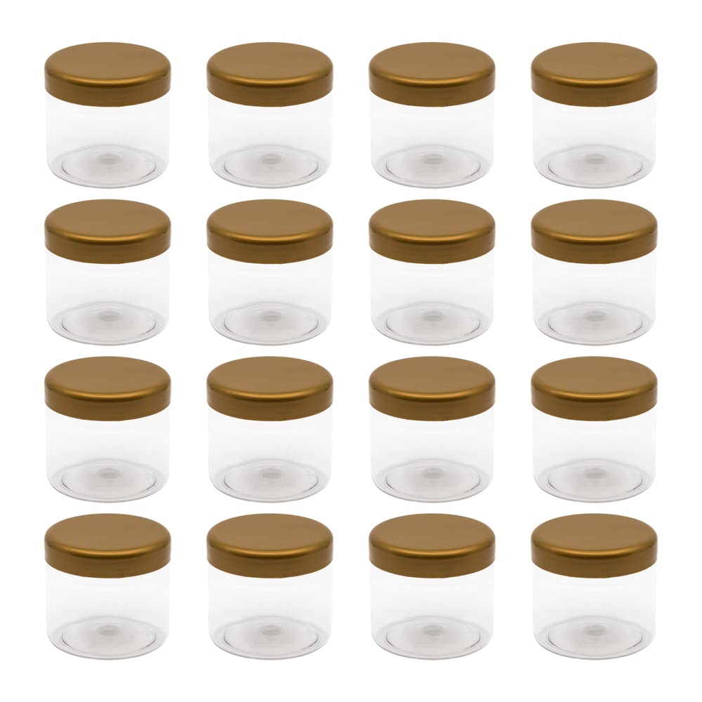Artistic 8-Piece 200ml Round Plastic Jars - 7 Inch Diameter - Smooth Gold Lids - Food Grade, Leak Resistant, Vacuum Refill - Minimalist Storage Jars