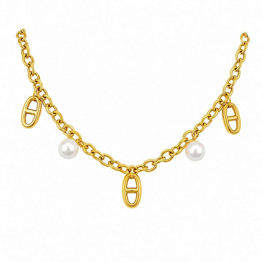 A modern gold chain with a wide band and elegant pearl accents adds bold luxury and eye-catching sophistication to your look