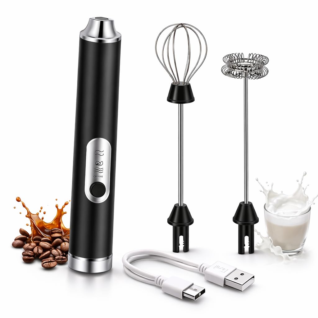 Handheld Coffee Frother USB Rechargeable Milk Foamer, 3 Speed Mini Hand Mixer with Stainless Steel Whisk for Latte, Cappuccino, Matcha, Hot Chocolate, Egg Mixing (Black)
