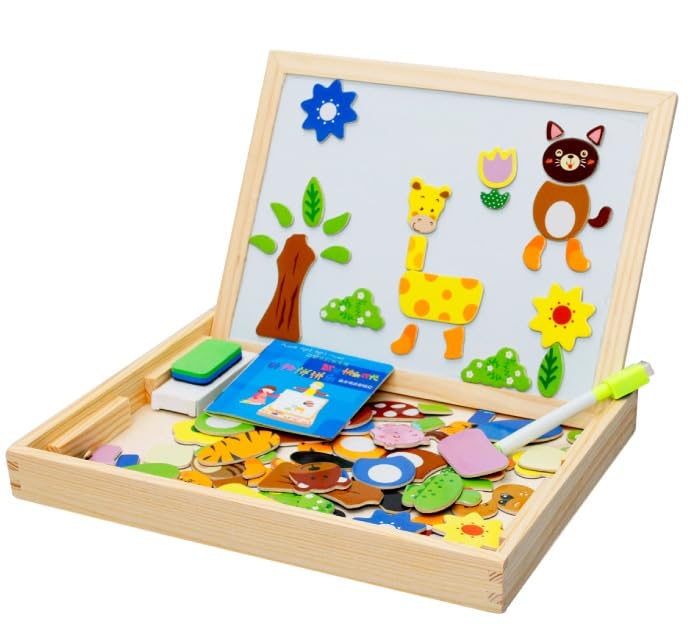 Double Sided Magnetic Chalkboard for Kids Over 100 Pieces Wooden Jigsaw Educational Gift Skill Development Magnetic Puzzle Pine Wood for Painting Drawing (Giraffe)