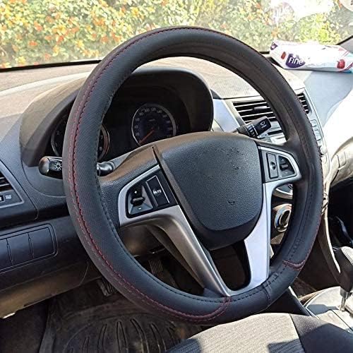 Car Steering Wheel Cover Protector Leather Round Anti-Slip Safety Soft Breathable Fit for Most Cars (Black with Red Stitching)