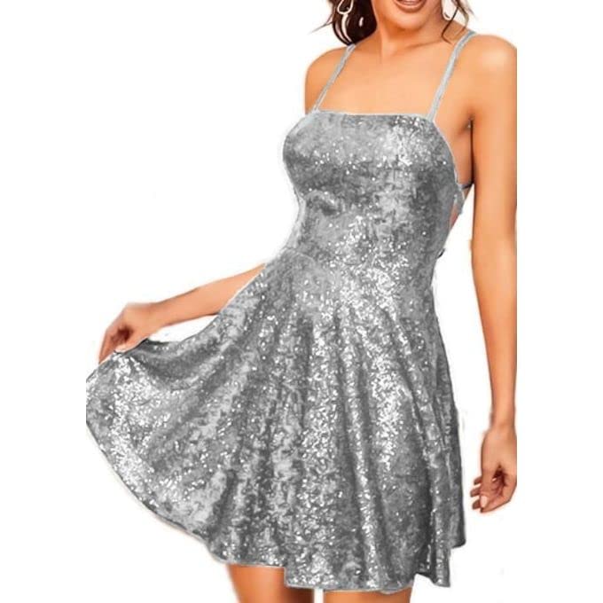 Silver Glitter Sequin Short Evening Dress