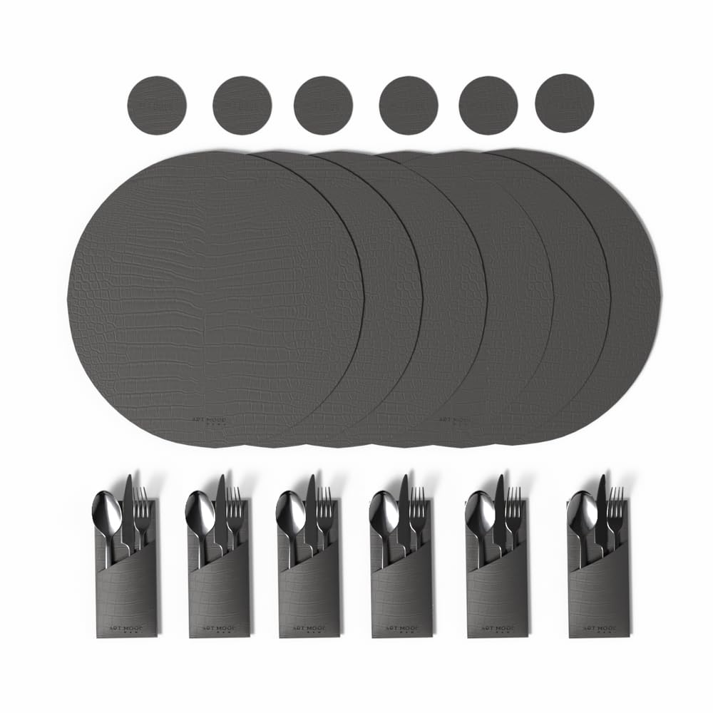 ART MOOD HOME Leather Placemat Set with Coasters And Holders - Faux Leather Dining Table Protection - Heat And Scratch Resistant - 6 Placemats, 6 Holders, 6 Coasters - Grey