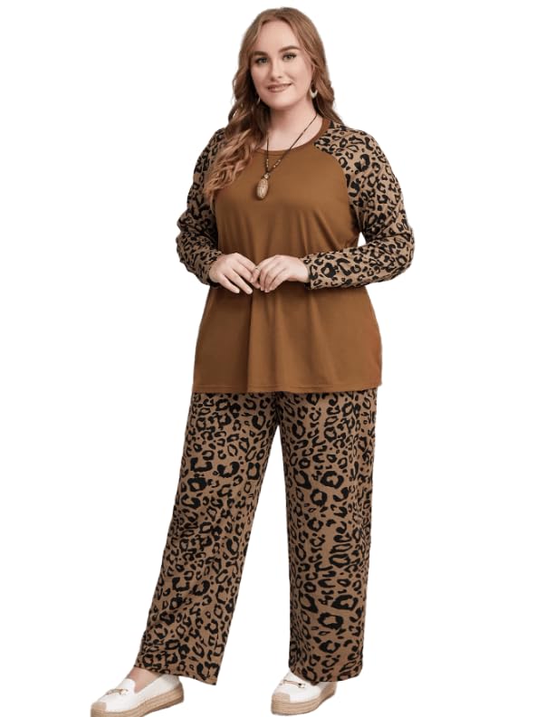 طقم نسائي بطبعة ليوبارد مكون من بلوزة بأكمام طويلة وبنطال واسع - Women's Leopard Print Set – Long Sleeve Top and Wide-Leg Pants