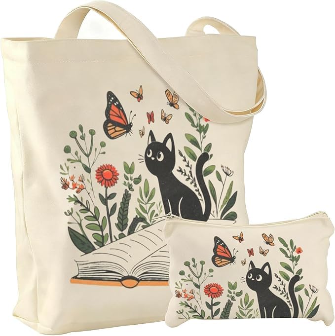 Canvas Tote Bag - with Zipper & Small Pouch, Shoulder Tote Bag for Women, Gifts for Mom Grandma Teacher