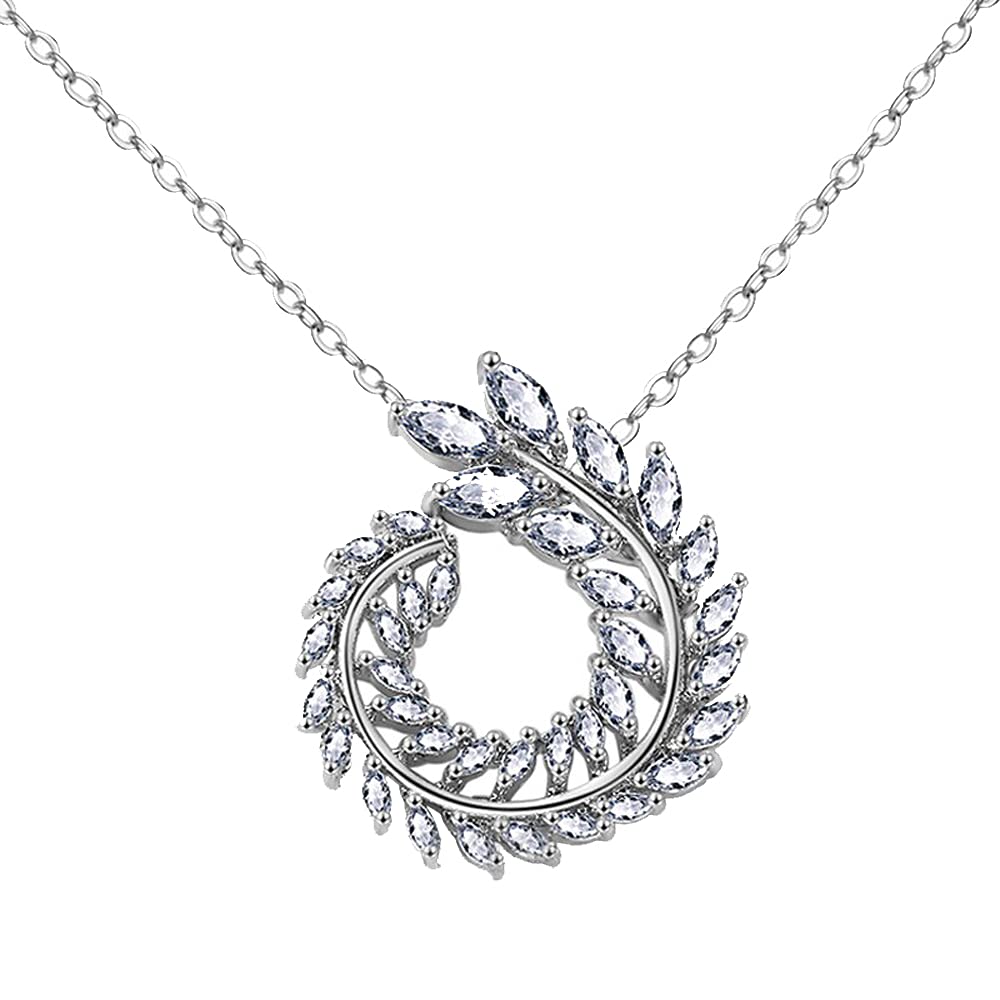 Platinum Plated Marquise Cubic Zirconia CZ Simulated Diamond Luxury Look Large Olive Branch Necklace Pendant By Julia Store