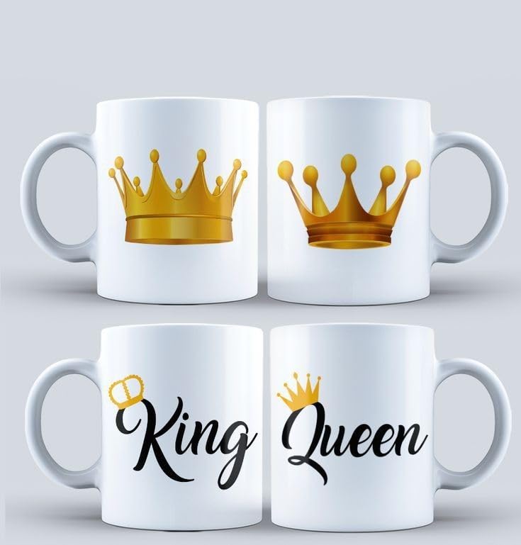 King and Queen Gold Crown Design, White, Ceramic, 12 oz, 2 Pieces