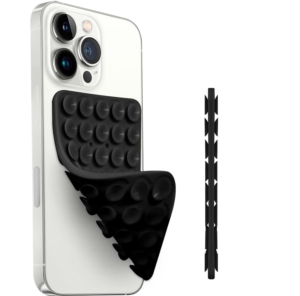 Silicone Suction Cup Phone Case Mount Double-Sided, Detachable Mount Silicon Sticky Phone Stand for iPhone and Android, Hands-Free Strong Grip Holder for Selfies and Videos- Black